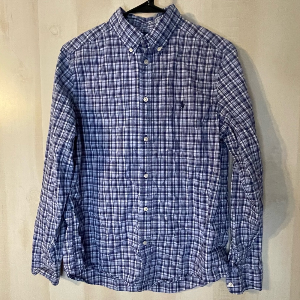 Ralph Lauren blue white plaid long sleeve button front shirt size XL Youth 18/20